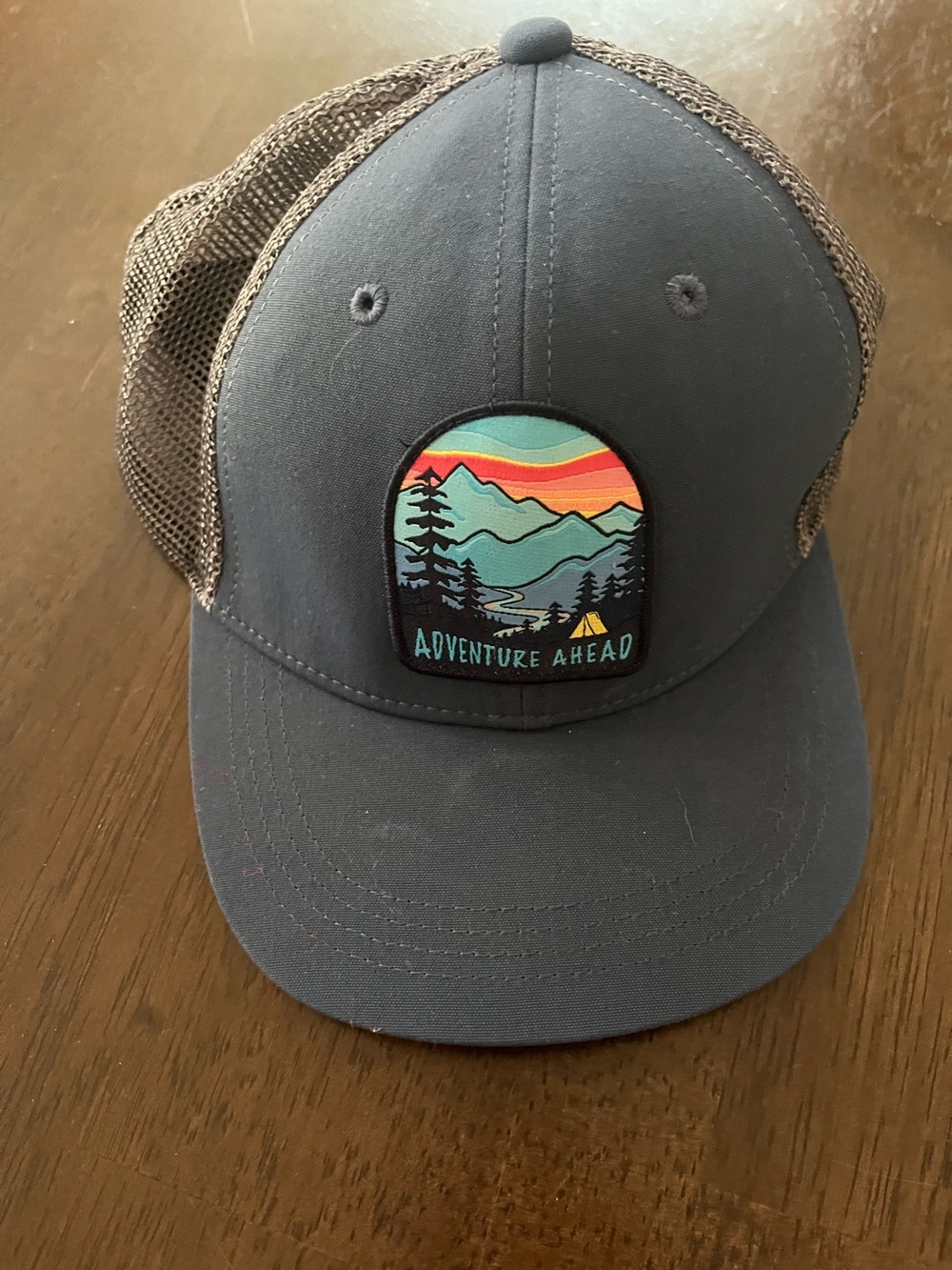 Adventure Ahead Trucker Hat - Blue with Multicolor Patch